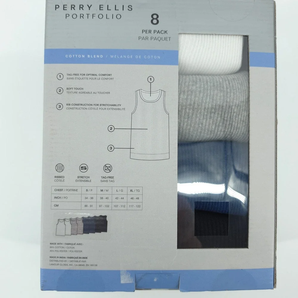 Perry Ellis Mens 8 Pack Tank Tops Cotton Blend Multi Color Small Ribbed Stretch